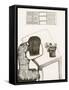 Black and White Drawing of Woman Sitting at Table, Head in Her Arms-Marie Bertrand-Framed Stretched Canvas