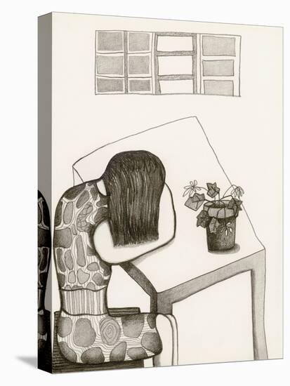 Black and White Drawing of Woman Sitting at Table, Head in Her Arms-Marie Bertrand-Stretched Canvas