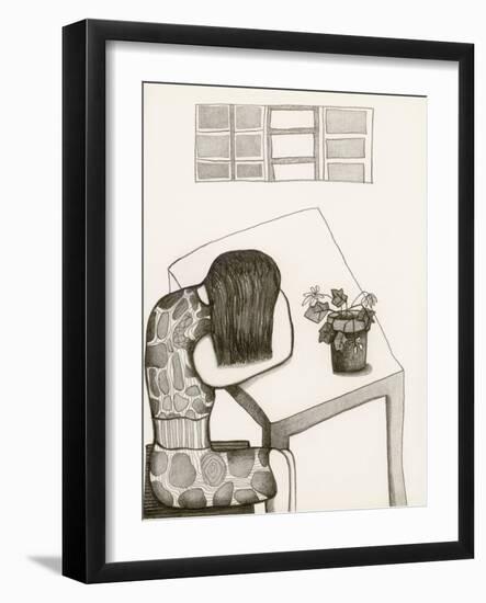 Black and White Drawing of Woman Sitting at Table, Head in Her Arms-Marie Bertrand-Framed Giclee Print