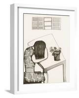 Black and White Drawing of Woman Sitting at Table, Head in Her Arms-Marie Bertrand-Framed Giclee Print