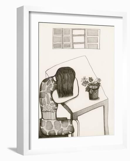 Black and White Drawing of Woman Sitting at Table, Head in Her Arms-Marie Bertrand-Framed Giclee Print