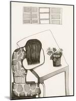 Black and White Drawing of Woman Sitting at Table, Head in Her Arms-Marie Bertrand-Mounted Giclee Print