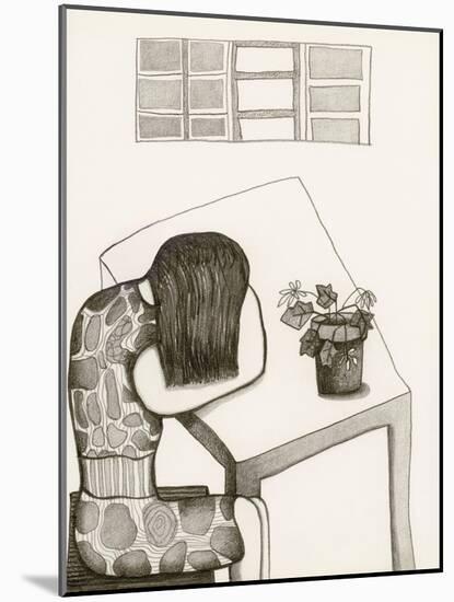 Black and White Drawing of Woman Sitting at Table, Head in Her Arms-Marie Bertrand-Mounted Giclee Print