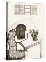 Black and White Drawing of Woman Sitting at Table, Head in Her Arms-Marie Bertrand-Stretched Canvas