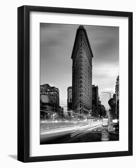 Black and white Flatiron Building in Manhattan New York and light trails at sunset purple clouds-David Chang-Framed Photographic Print