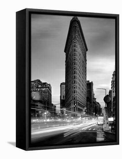 Black and white Flatiron Building in Manhattan New York and light trails at sunset purple clouds-David Chang-Framed Stretched Canvas