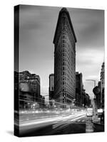 Black and white Flatiron Building in Manhattan New York and light trails at sunset purple clouds-David Chang-Stretched Canvas