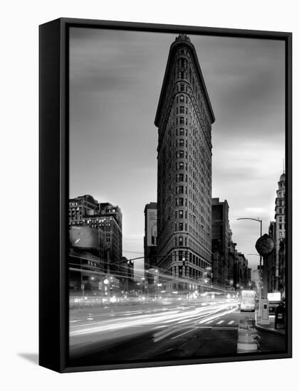 Black and white Flatiron Building in Manhattan New York and light trails at sunset purple clouds-David Chang-Framed Stretched Canvas