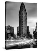 Black and white Flatiron Building in Manhattan New York and light trails at sunset purple clouds-David Chang-Stretched Canvas