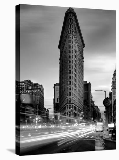 Black and white Flatiron Building in Manhattan New York and light trails at sunset purple clouds-David Chang-Stretched Canvas