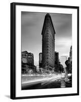 Black and white Flatiron Building in Manhattan New York and light trails at sunset purple clouds-David Chang-Framed Photographic Print