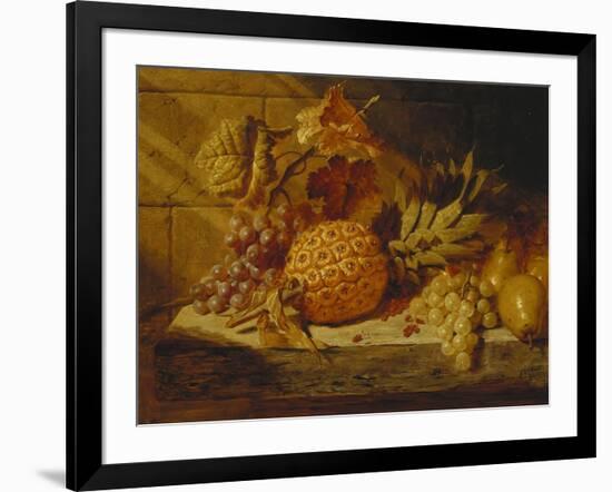 Black and White Grapes, Pears, Redcurrants and a Pineapple on a Ledge-George Lance-Framed Giclee Print