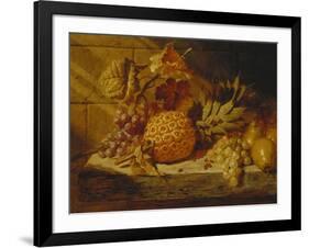 Black and White Grapes, Pears, Redcurrants and a Pineapple on a Ledge-George Lance-Framed Giclee Print