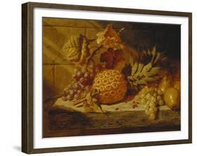 Black and White Grapes, Pears, Redcurrants and a Pineapple on a Ledge-George Lance-Framed Giclee Print