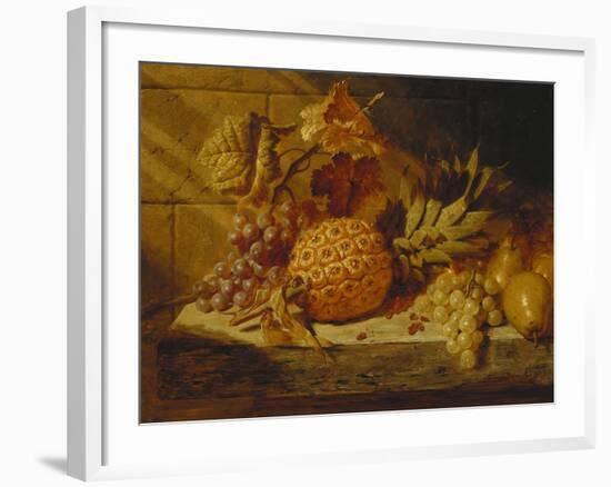 Black and White Grapes, Pears, Redcurrants and a Pineapple on a Ledge-George Lance-Framed Giclee Print