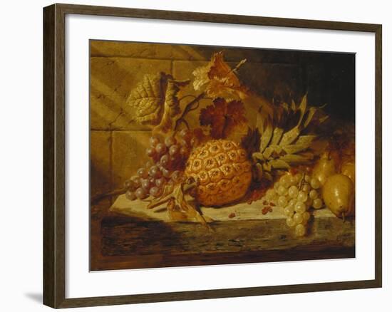 Black and White Grapes, Pears, Redcurrants and a Pineapple on a Ledge-George Lance-Framed Giclee Print