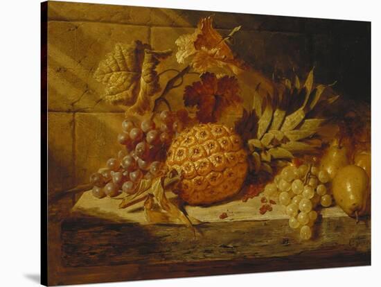 Black and White Grapes, Pears, Redcurrants and a Pineapple on a Ledge-George Lance-Stretched Canvas
