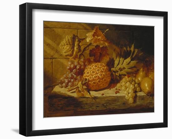 Black and White Grapes, Pears, Redcurrants and a Pineapple on a Ledge-George Lance-Framed Giclee Print