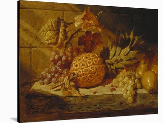 Black and White Grapes, Pears, Redcurrants and a Pineapple on a Ledge-George Lance-Stretched Canvas