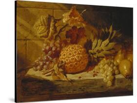 Black and White Grapes, Pears, Redcurrants and a Pineapple on a Ledge-George Lance-Stretched Canvas