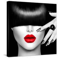 Black and White High Fashion Model Girl Portrait with Trendy Hair Style, Make Up and Manicure-Subbotina Anna-Stretched Canvas