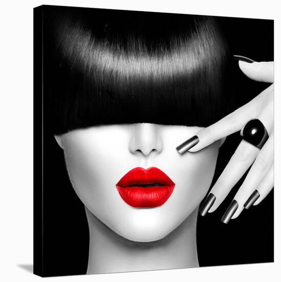 Black and White High Fashion Model Girl Portrait with Trendy Hair Style, Make Up and Manicure-Subbotina Anna-Stretched Canvas