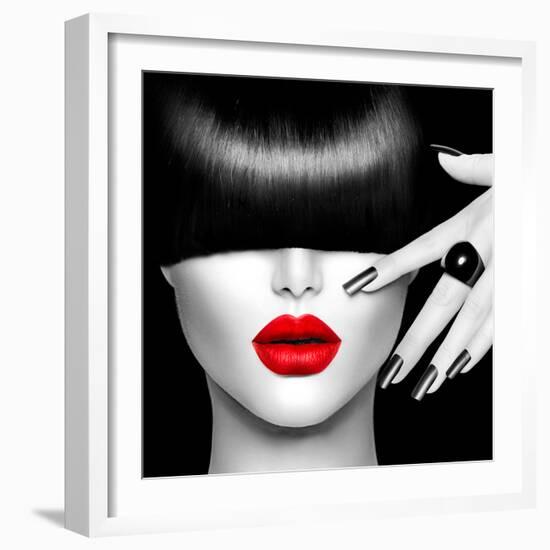 Black and White High Fashion Model Girl Portrait with Trendy Hair Style, Make Up and Manicure-Subbotina Anna-Framed Photographic Print