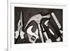 Black and White Image of a Set of Tools on a Textured Metallic Background-Kamira-Framed Photographic Print