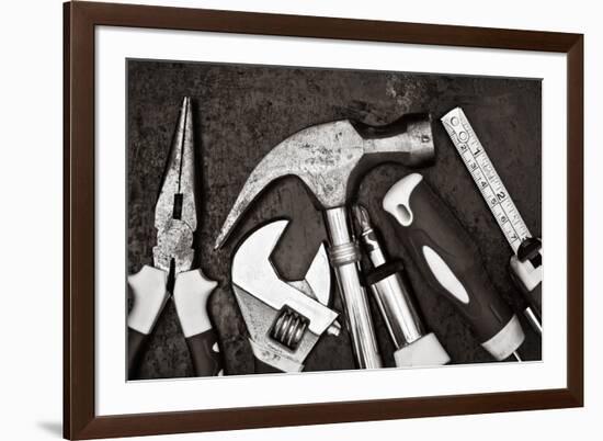 Black and White Image of a Set of Tools on a Textured Metallic Background-Kamira-Framed Photographic Print