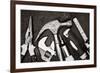 Black and White Image of a Set of Tools on a Textured Metallic Background-Kamira-Framed Photographic Print