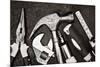 Black and White Image of a Set of Tools on a Textured Metallic Background-Kamira-Mounted Photographic Print