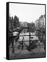 Black and White Image of an Old Bicycle by the Singel Canal, Amsterdam, Netherlands, Europe-Amanda Hall-Framed Stretched Canvas