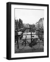 Black and White Image of an Old Bicycle by the Singel Canal, Amsterdam, Netherlands, Europe-Amanda Hall-Framed Photographic Print