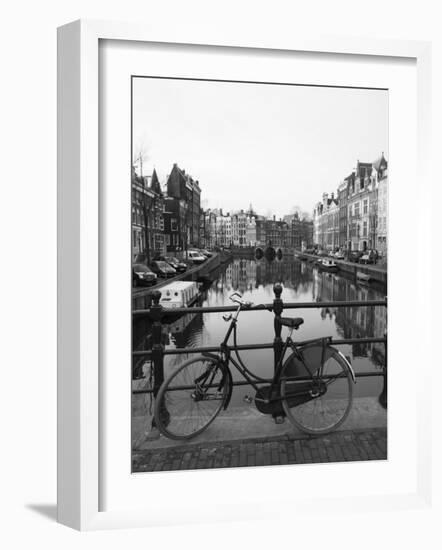 Black and White Image of an Old Bicycle by the Singel Canal, Amsterdam, Netherlands, Europe-Amanda Hall-Framed Photographic Print