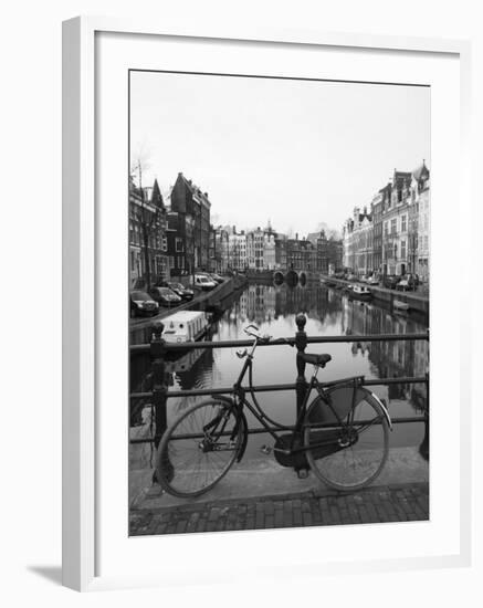 Black and White Image of an Old Bicycle by the Singel Canal, Amsterdam, Netherlands, Europe-Amanda Hall-Framed Photographic Print