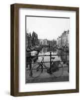 Black and White Image of an Old Bicycle by the Singel Canal, Amsterdam, Netherlands, Europe-Amanda Hall-Framed Photographic Print