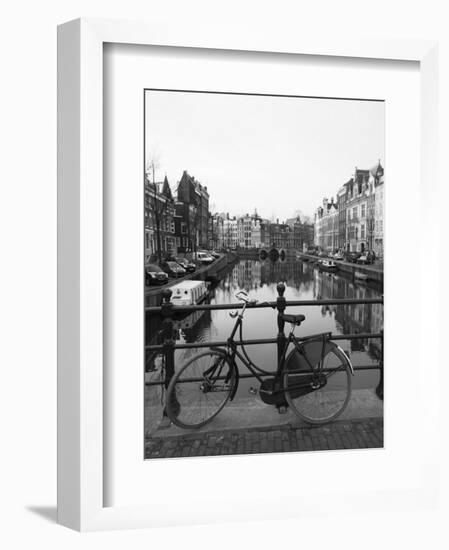 Black and White Image of an Old Bicycle by the Singel Canal, Amsterdam, Netherlands, Europe-Amanda Hall-Framed Photographic Print