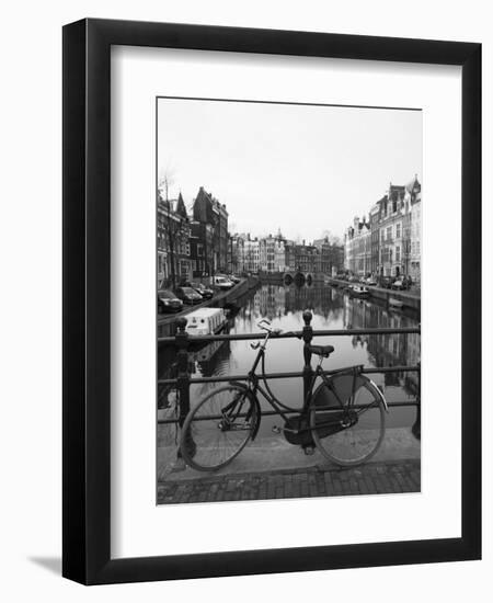 Black and White Image of an Old Bicycle by the Singel Canal, Amsterdam, Netherlands, Europe-Amanda Hall-Framed Premium Photographic Print