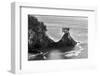 Black and White Image of Jutting Rock Formations with Trees Along the Pacific Ocean after Sunset-Judith Zimmerman-Framed Photographic Print