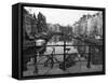 Black and White Imge of an Old Bicycle by the Singel Canal, Amsterdam, Netherlands, Europe-Amanda Hall-Framed Stretched Canvas