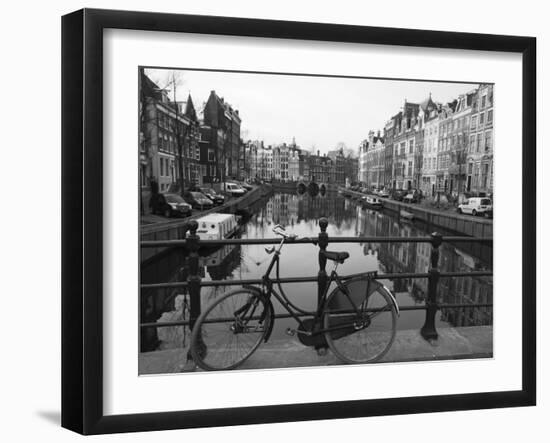 Black and White Imge of an Old Bicycle by the Singel Canal, Amsterdam, Netherlands, Europe-Amanda Hall-Framed Premium Photographic Print