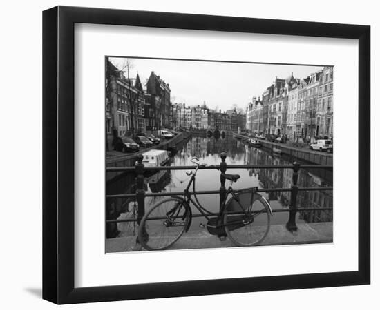 Black and White Imge of an Old Bicycle by the Singel Canal, Amsterdam, Netherlands, Europe-Amanda Hall-Framed Photographic Print