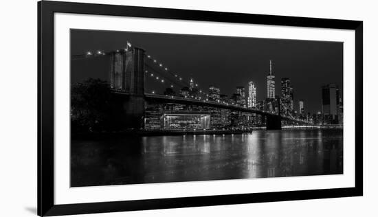 Black and white Manhattan skyline from Brooklyn Bridge park with reflection in the East River-David Chang-Framed Photographic Print