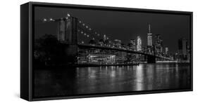 Black and white Manhattan skyline from Brooklyn Bridge park with reflection in the East River-David Chang-Framed Stretched Canvas