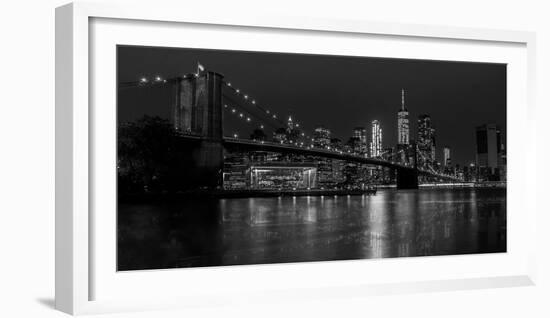 Black and white Manhattan skyline from Brooklyn Bridge park with reflection in the East River-David Chang-Framed Photographic Print