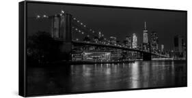 Black and white Manhattan skyline from Brooklyn Bridge park with reflection in the East River-David Chang-Framed Stretched Canvas