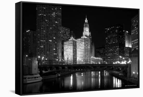 Black And White Of Chicago River-Patrick Warneka-Framed Stretched Canvas