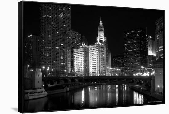 Black And White Of Chicago River-Patrick Warneka-Framed Stretched Canvas