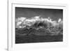 Black and white of South Georgia Island. Opening in clouds and Virga reveal the landscape.-Howie Garber-Framed Photographic Print