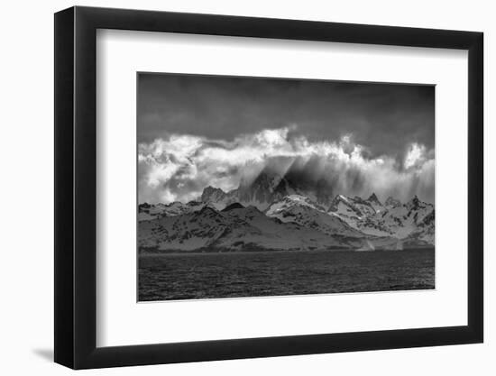 Black and white of South Georgia Island. Opening in clouds and Virga reveal the landscape.-Howie Garber-Framed Photographic Print